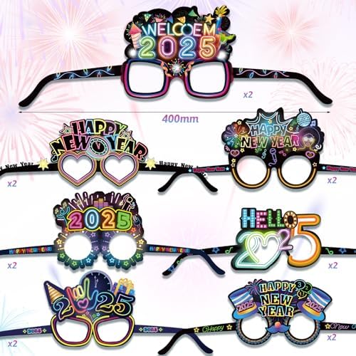 HOWAF 24 Piece Happy New Year Neon Paper Glasses