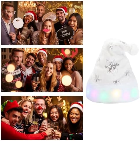 Flash Santa Hat for Adults Unisex White Plush Christmas Headwear with Snowflakes