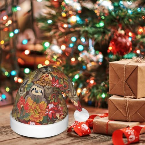 Funny Sloths Print LED Christmas Santa Hat Plush for Adults