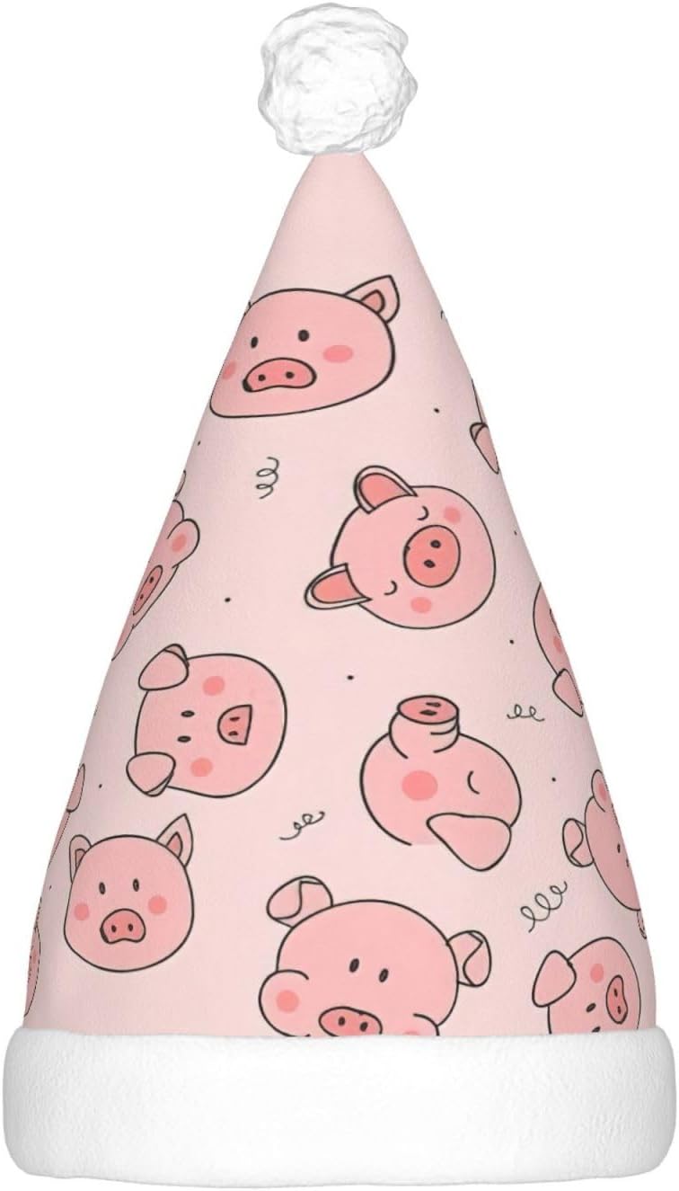 Pink Cute Pig Print LED Christmas Santa Hat Plush for Adults
