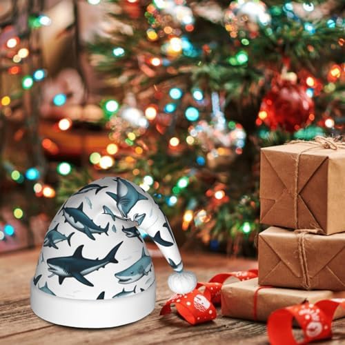 Shark Pattern Christmas Santa Hat Plush Funny Adult Headwear