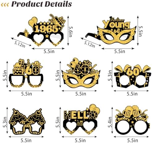 60th Birthday Paper Glasses Decorations 16pcs
