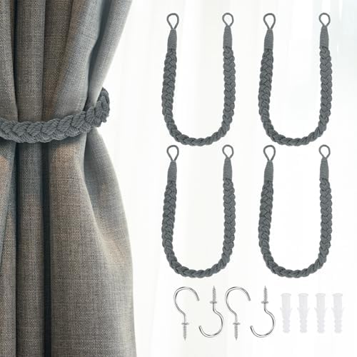 Uxcell 4Pcs Rope Curtain Tiebacks with Metal Hooks Dark Gray