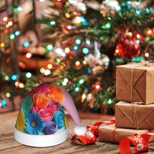 Colorful Cupcakes Santa Hat with Plush Trim