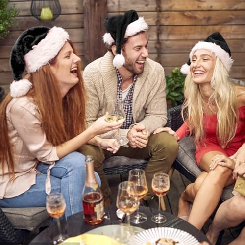 FOIMAS Black Santa Hat for Adults Plush Christmas Headwear