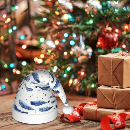 Small Blue Whale Swimming Print Santa Hat Christmas Decor