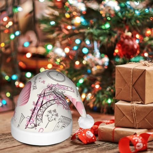 Dog and Paris Towe Print Santa Hat Plush Light Up for Adults