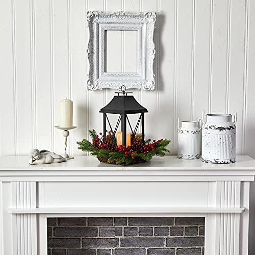 Nearly Natural 16in Holiday Christmas Table Arrangement with Lantern and LED Candle