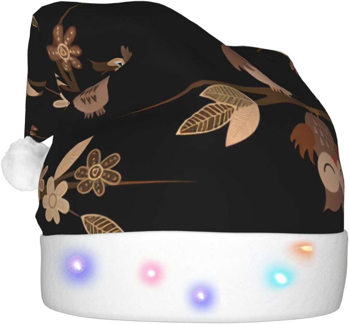 Cute Brown Cartoon Owls Christmas Santa Hat Plush Light Up Adult Party Hat