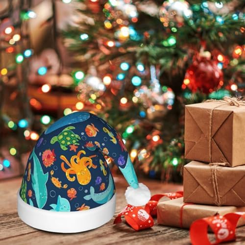 Ocean Whale Fish Octopus Print Christmas Santa Hat for Adults