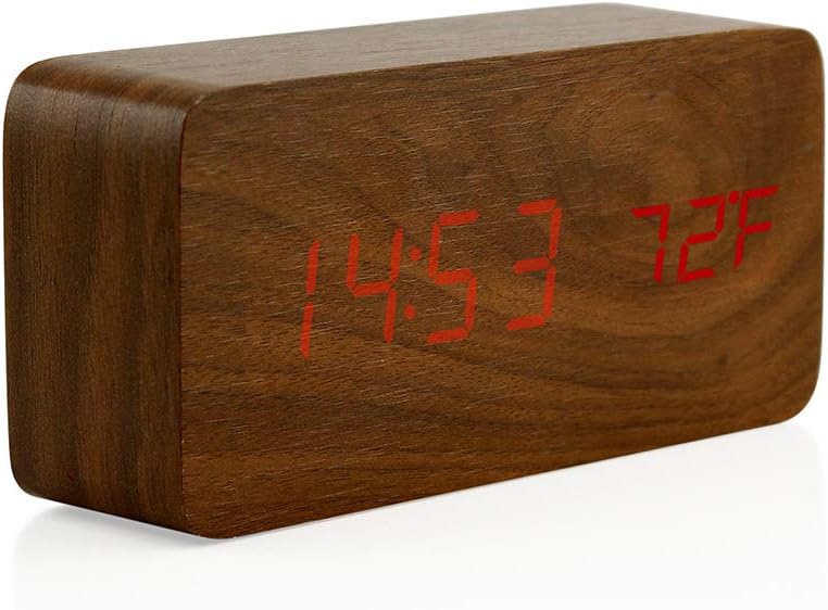OCT17 Brown Wooden Digital Alarm Clock with Thermometer and Voice Control