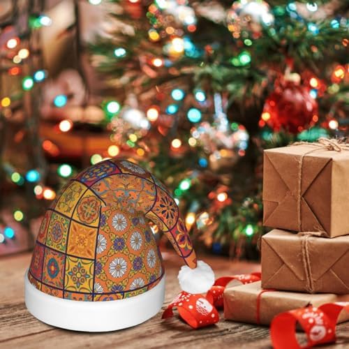 Moroccan Geometric Print Light Up Santa Hat Plush Set for Adults