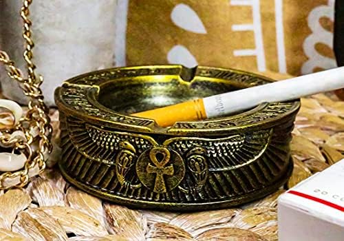 Egyptian Theme Ankh Dual Cobra Winged Scarab Ashtray Figurine 4 Inch