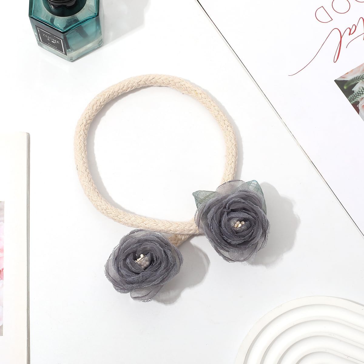 Handmade Artificial Rose Flower Curtain Holdbacks Gray