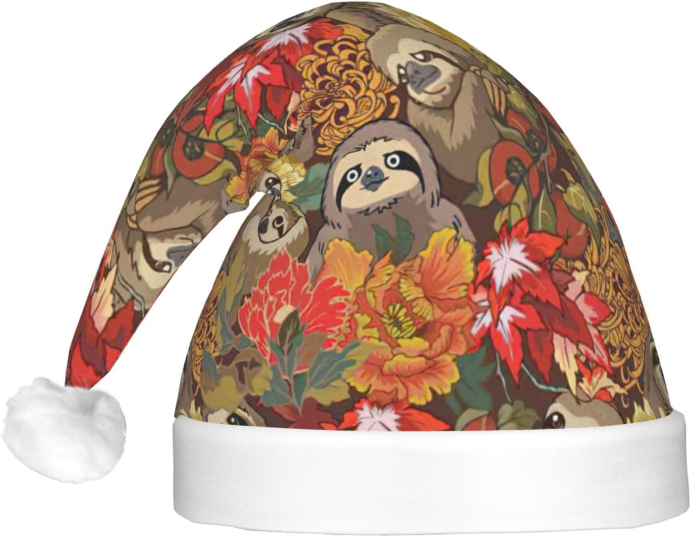 Funny Sloths Print LED Christmas Santa Hat Plush for Adults
