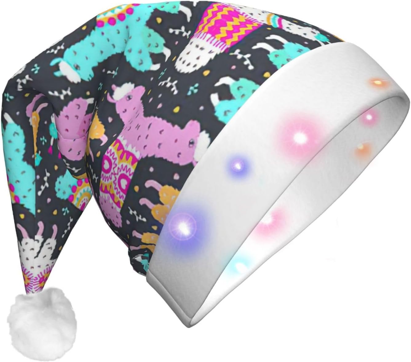 Indian Alpaca Print Christmas Santa Hat Plush LED Light Up for Adults