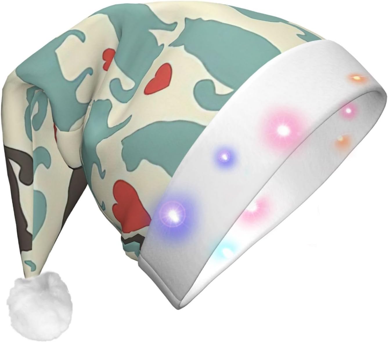 QINZHENG LED Kitty Print Christmas Santa Hat for Adults