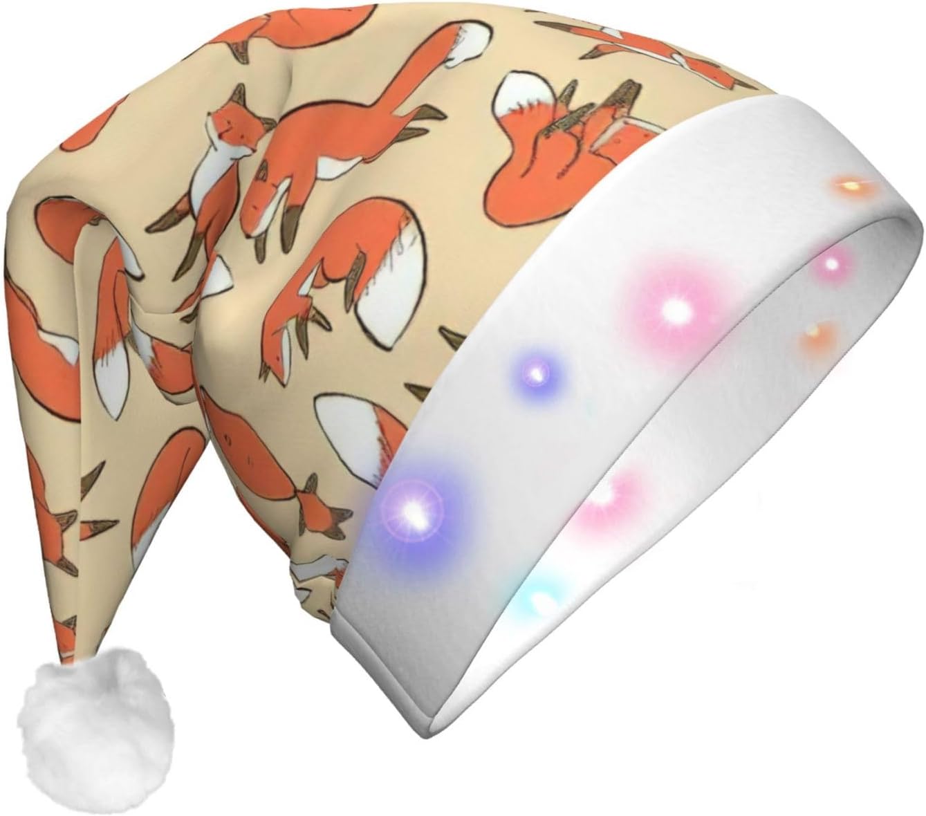 Many Foxes Print Christmas Santa Hat Plush Light Up for Adults