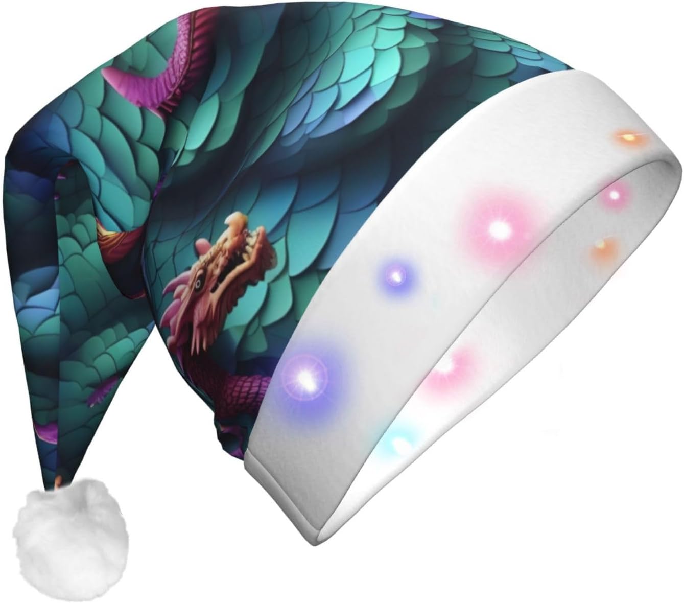 3D Magical Dragon Scales Print Velvet Santa Hat with LED Lights