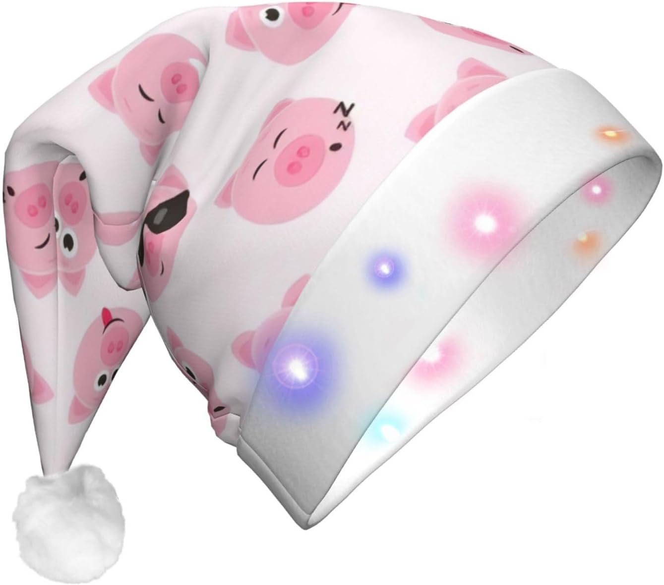 Funny Pink Pig Face Christmas Santa Hat Plush Light Up for Adult