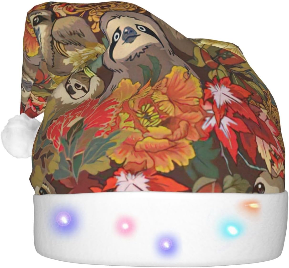 Funny Sloths Print LED Christmas Santa Hat Plush for Adults