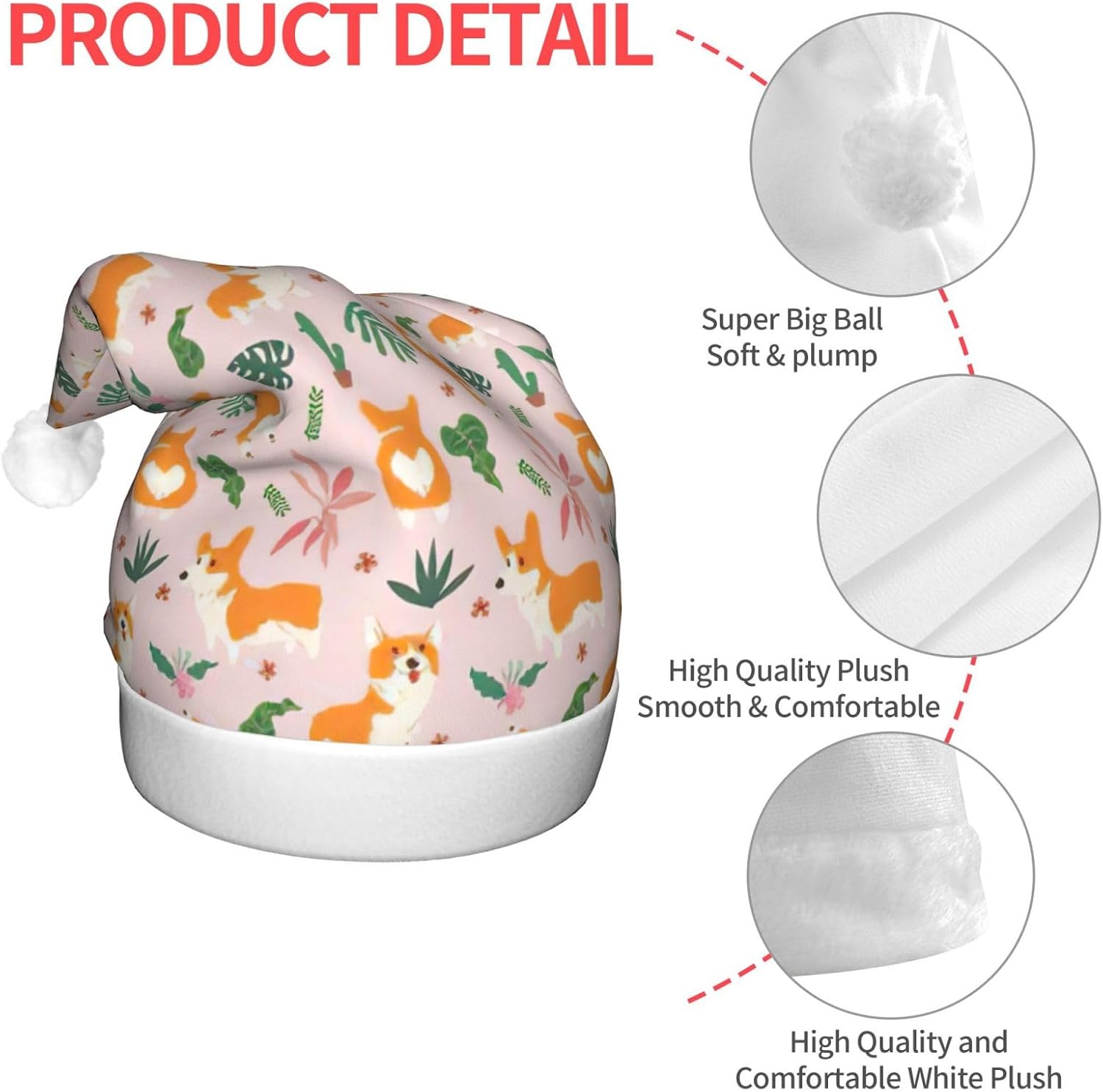 Small Corgi Print LED Santa Hat Plush for Adult