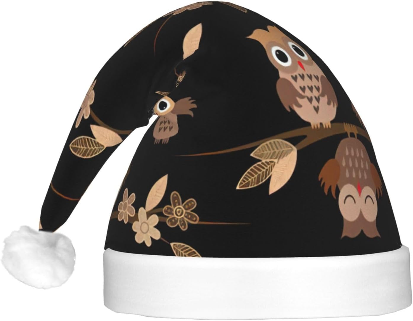 Cute Brown Cartoon Owls Christmas Santa Hat Plush Light Up Adult Party Hat