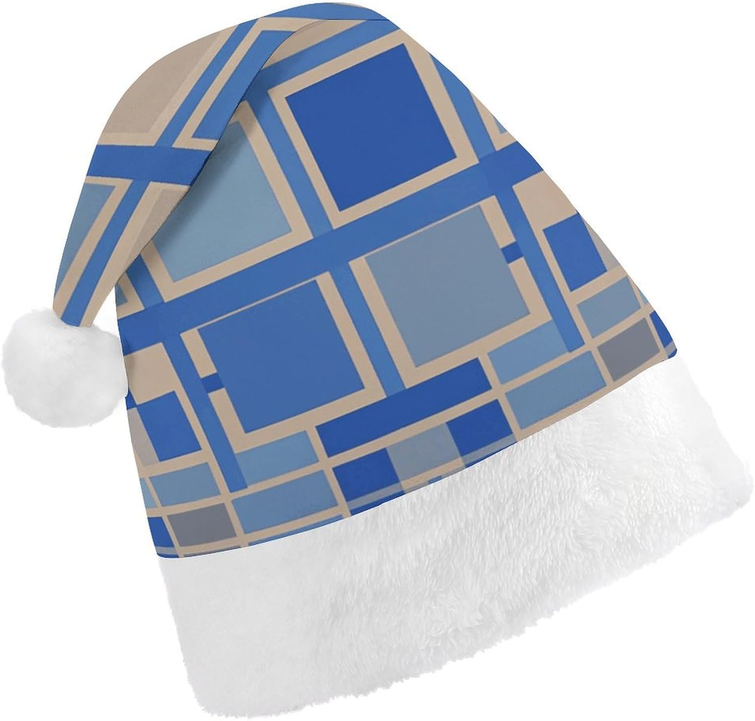 Santa Hat Blue Beige Square Pattern Christmas Headwear
