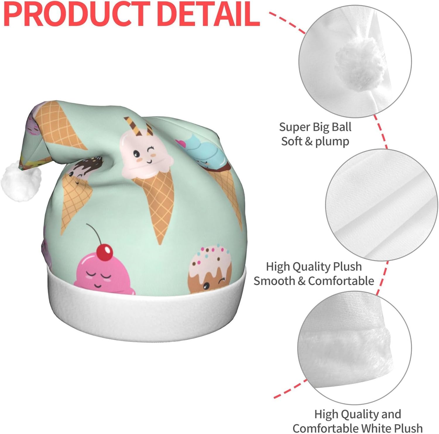 Ice Cream Cones Christmas Santa Hat Plush LED Light Up for Adults