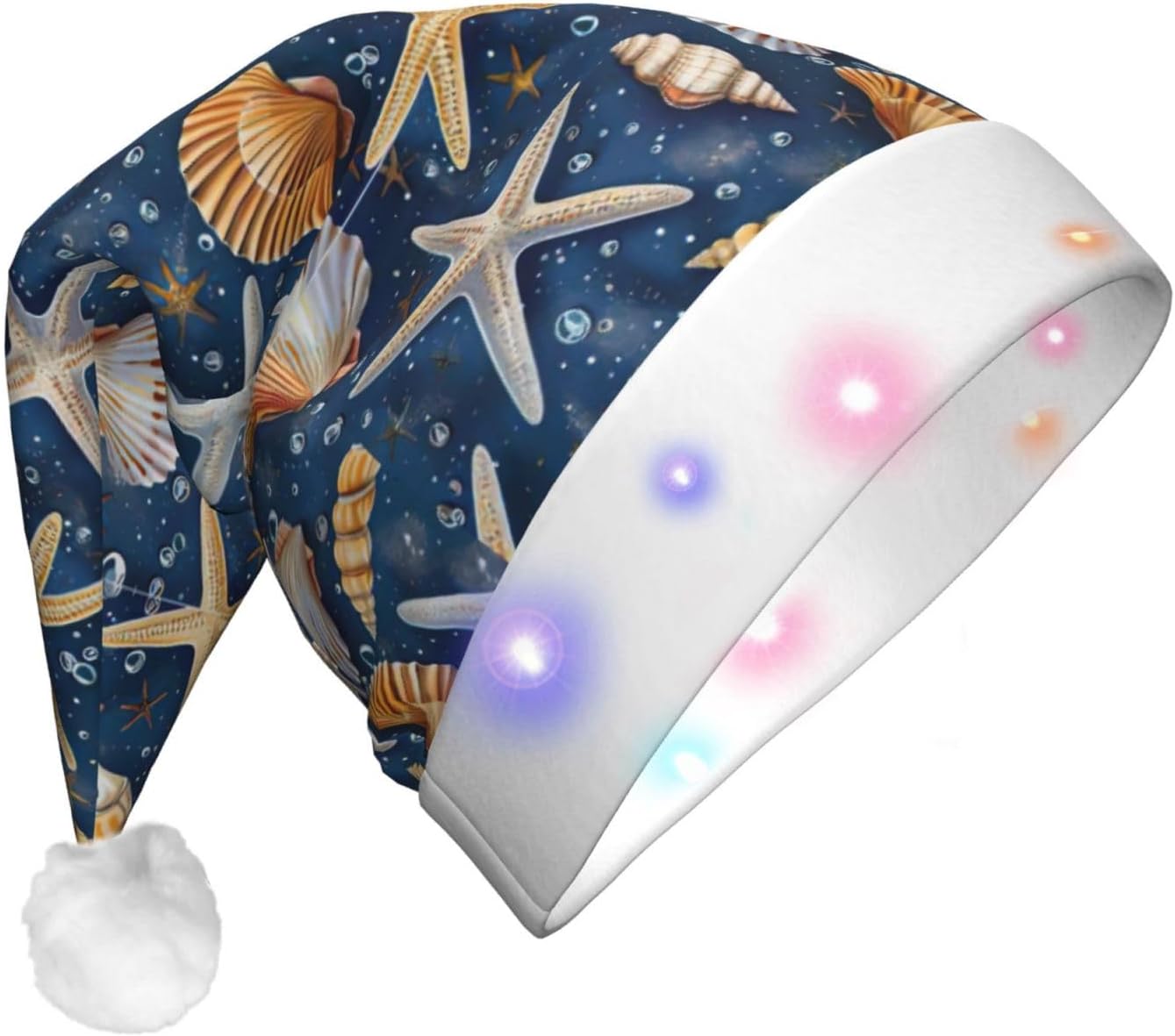 Starfish Seashell Pattern Light Up Santa Hat for Adults