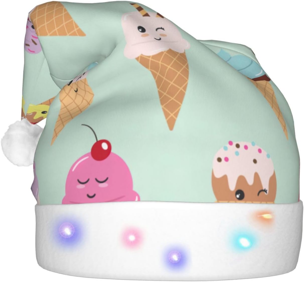 Ice Cream Cones Christmas Santa Hat Plush LED Light Up for Adults