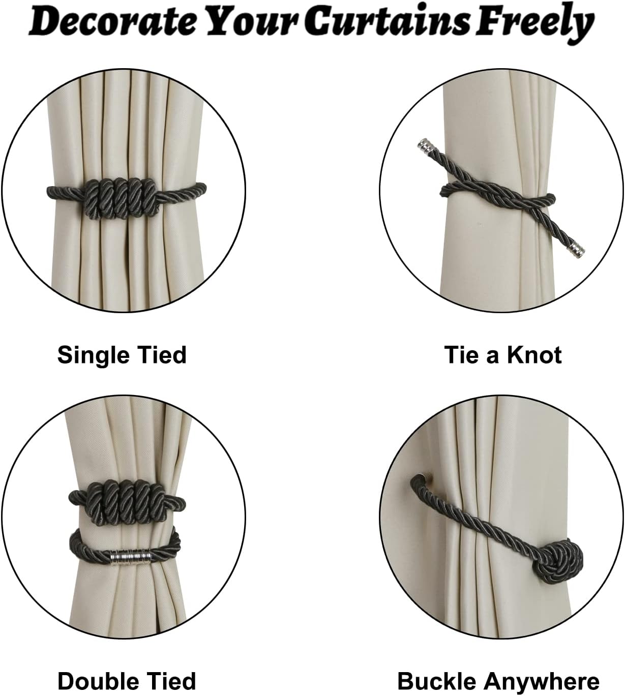 BEL AVENIR Magnetic Curtain Holdbacks 4 Pack Charcoal