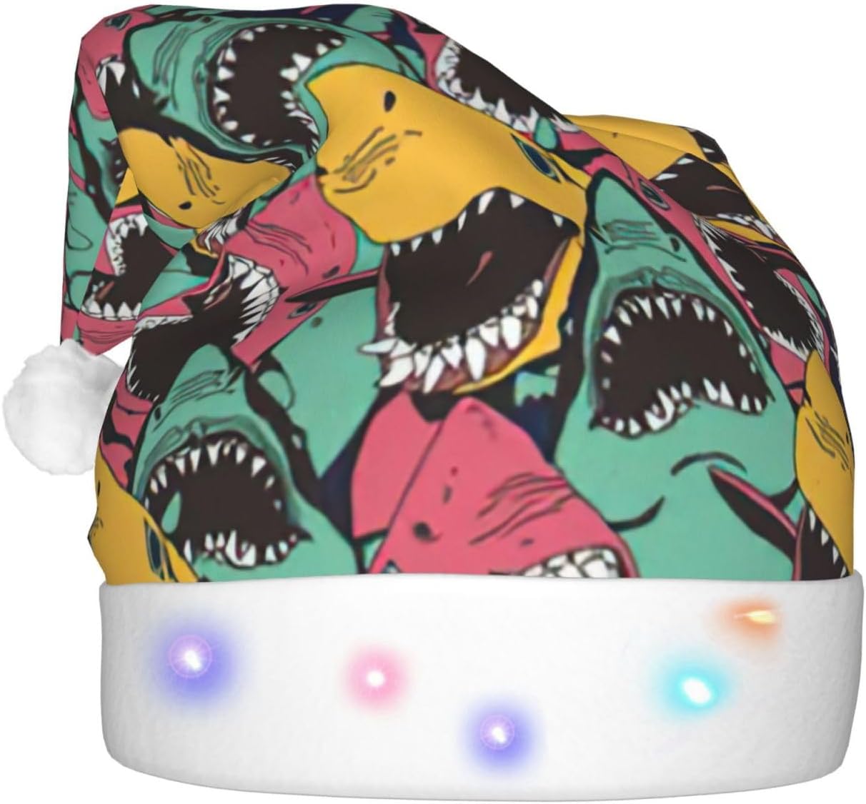 Shark Pattern Christmas Santa Plush Light Up Hat for Adults