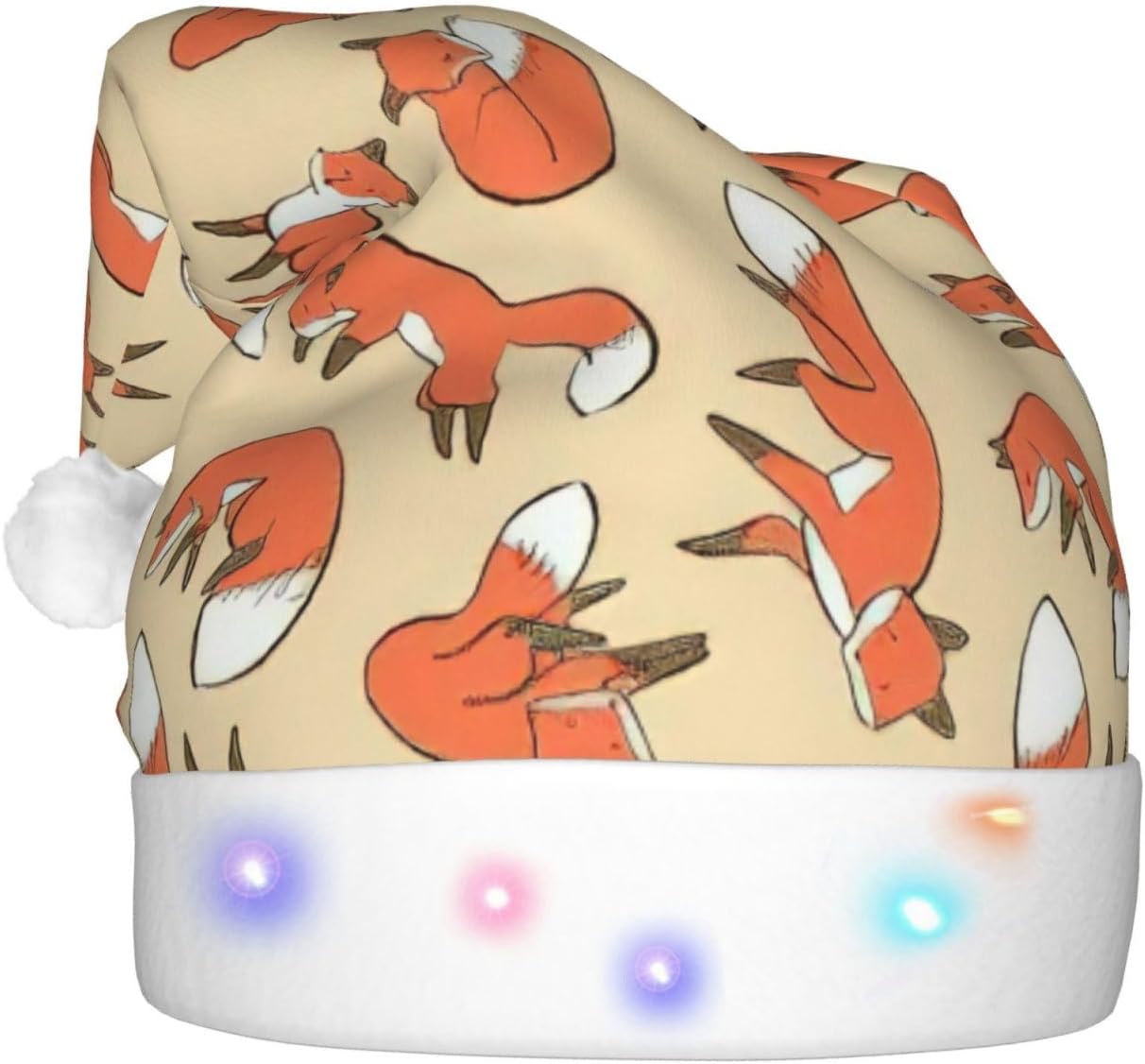 Many Foxes Print Christmas Santa Hat Plush Light Up for Adults