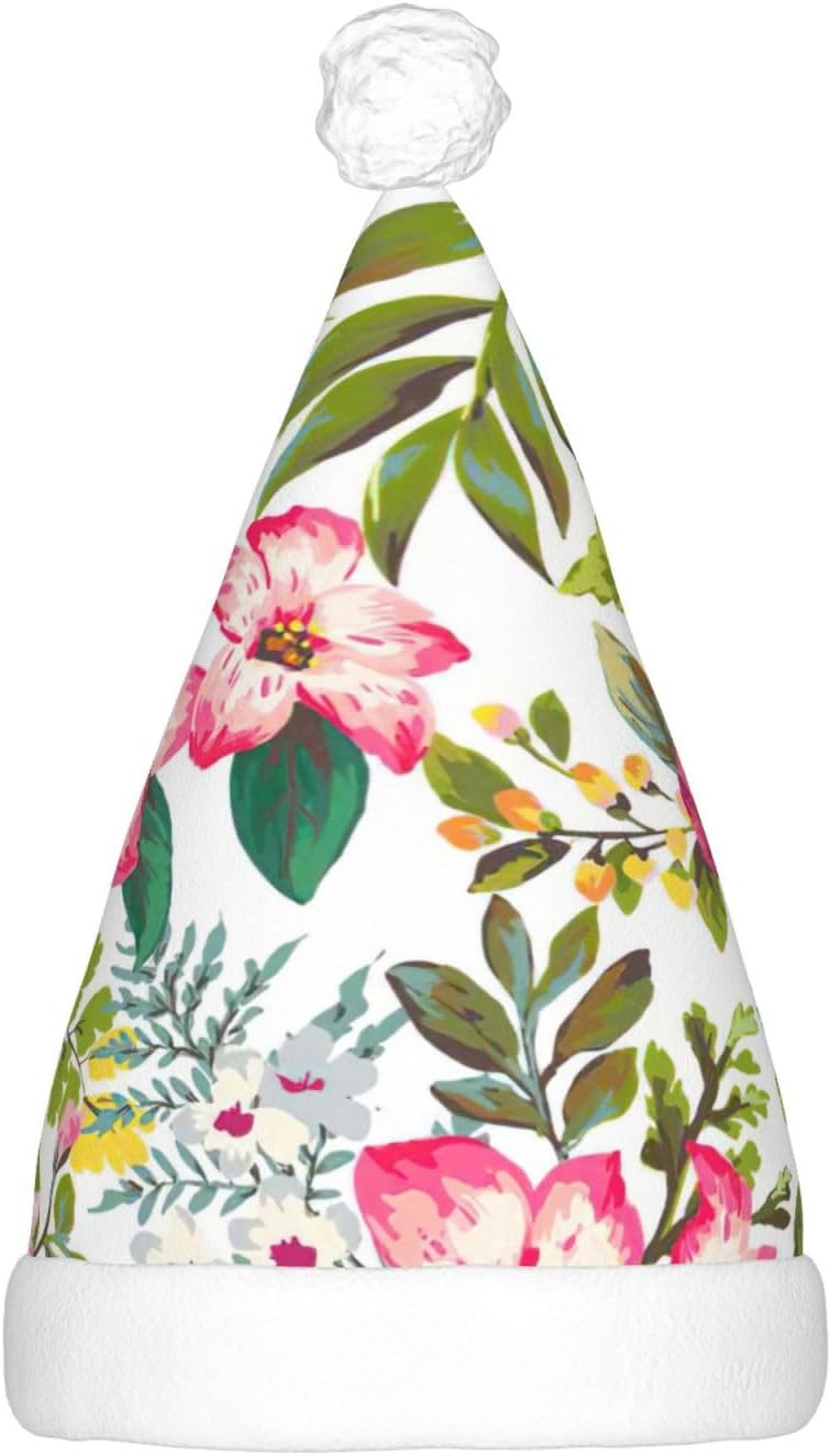 Hibiscus Flowers Christmas Santa Hat Plush Light Up Funny Adult Party Hat