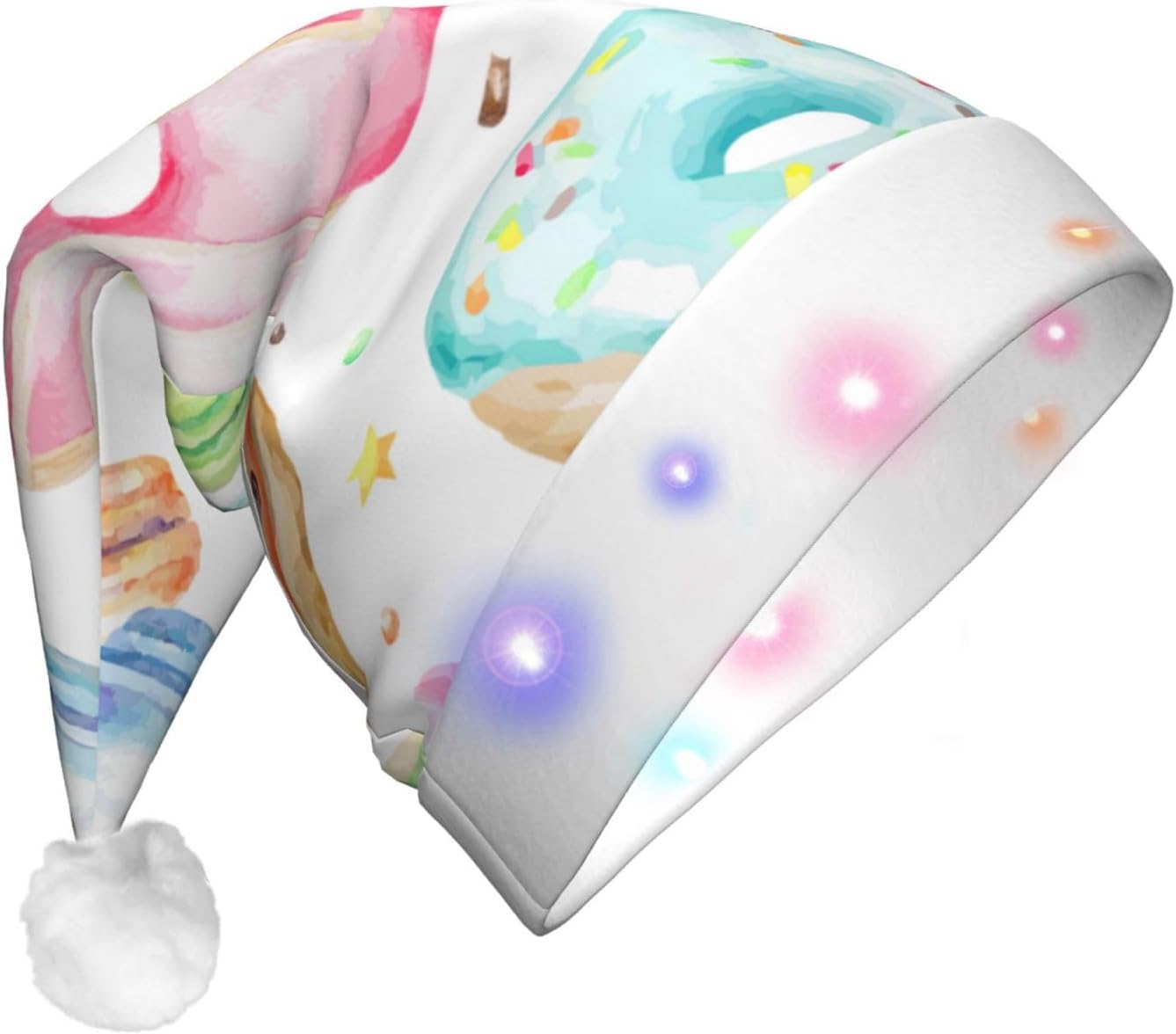 Cupcakes Donuts Muffins Sugar Print LED Christmas Santa Hat for Adults