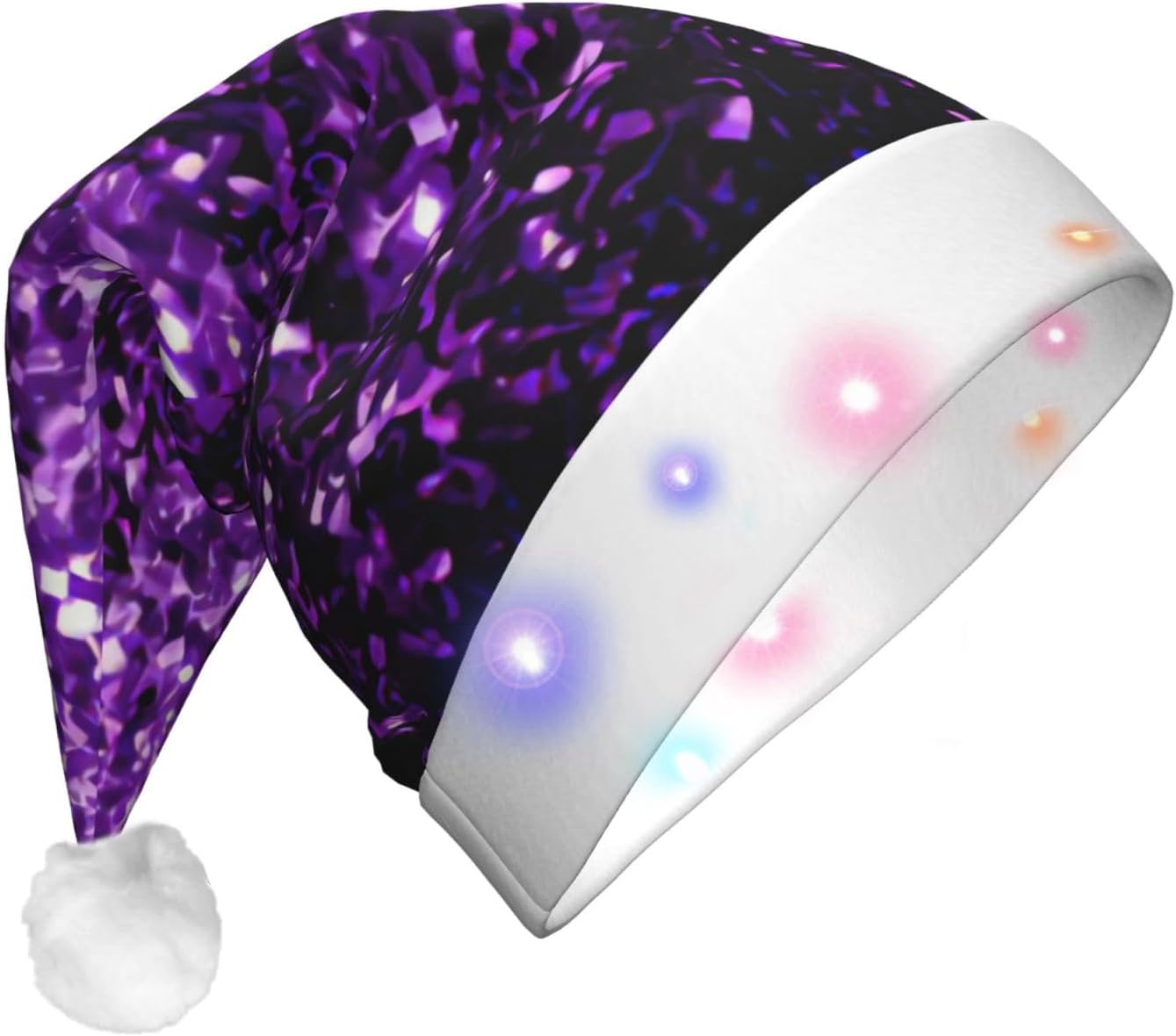 Vibrant Purple Glitter Print LED Christmas Hat For Adults
