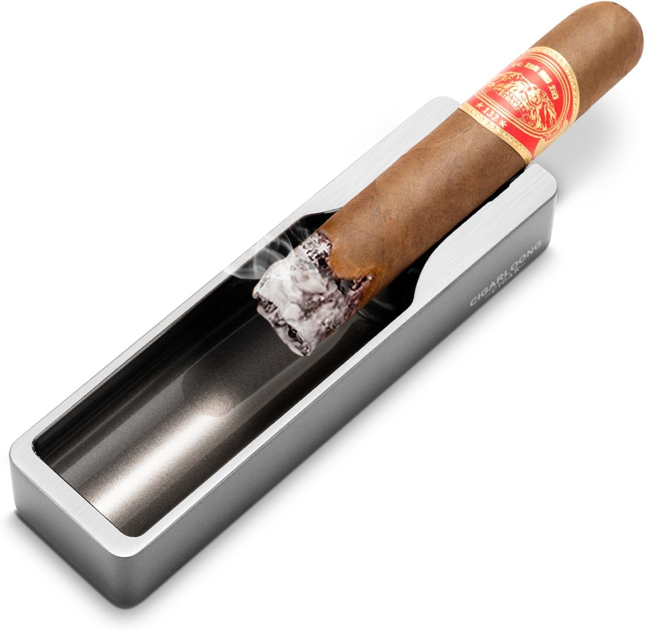 Cigar Ashtray Metal with Wide Cigar Slot Silver