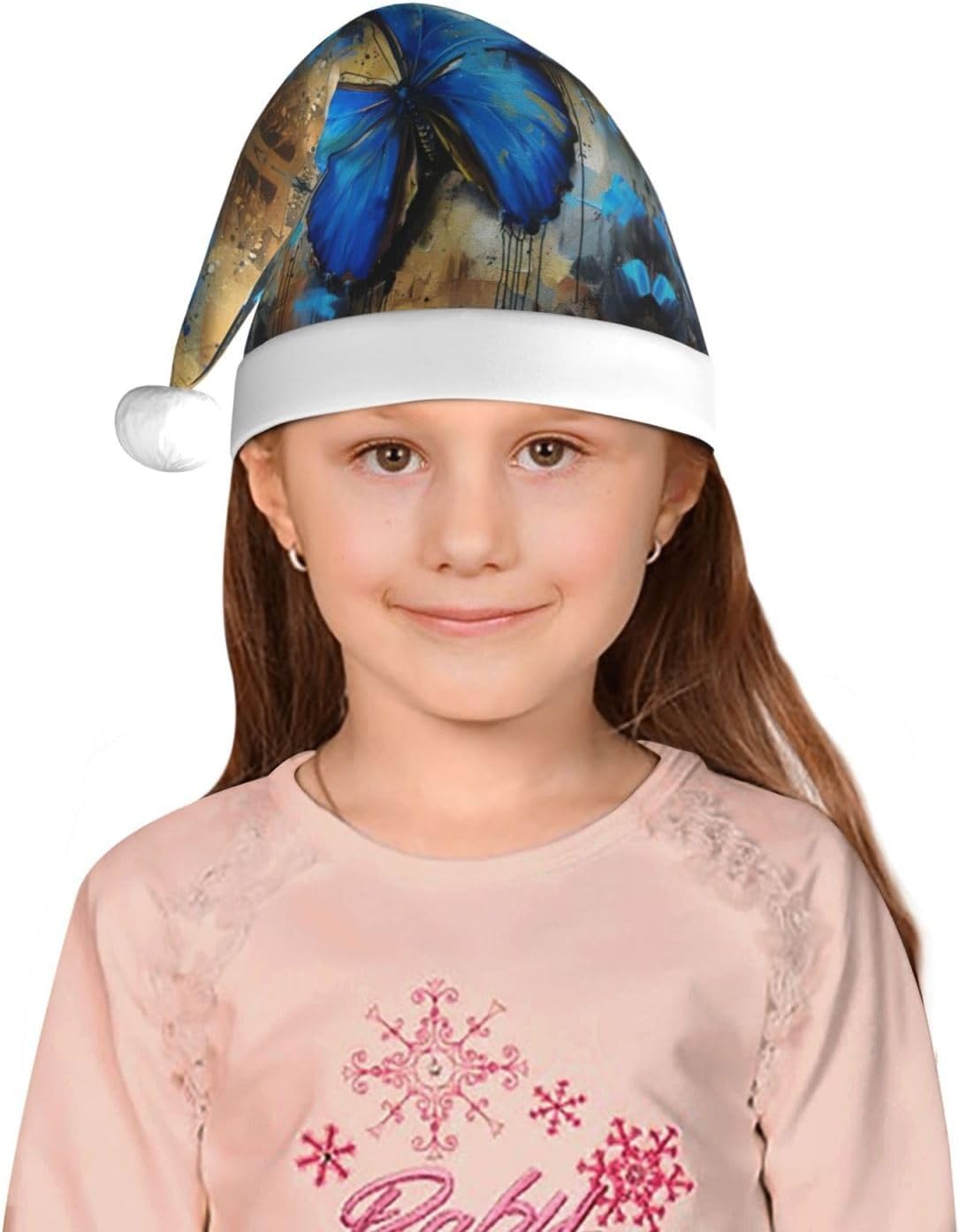 Blue Butterfly Print Christmas Santa Hat Small Size 1