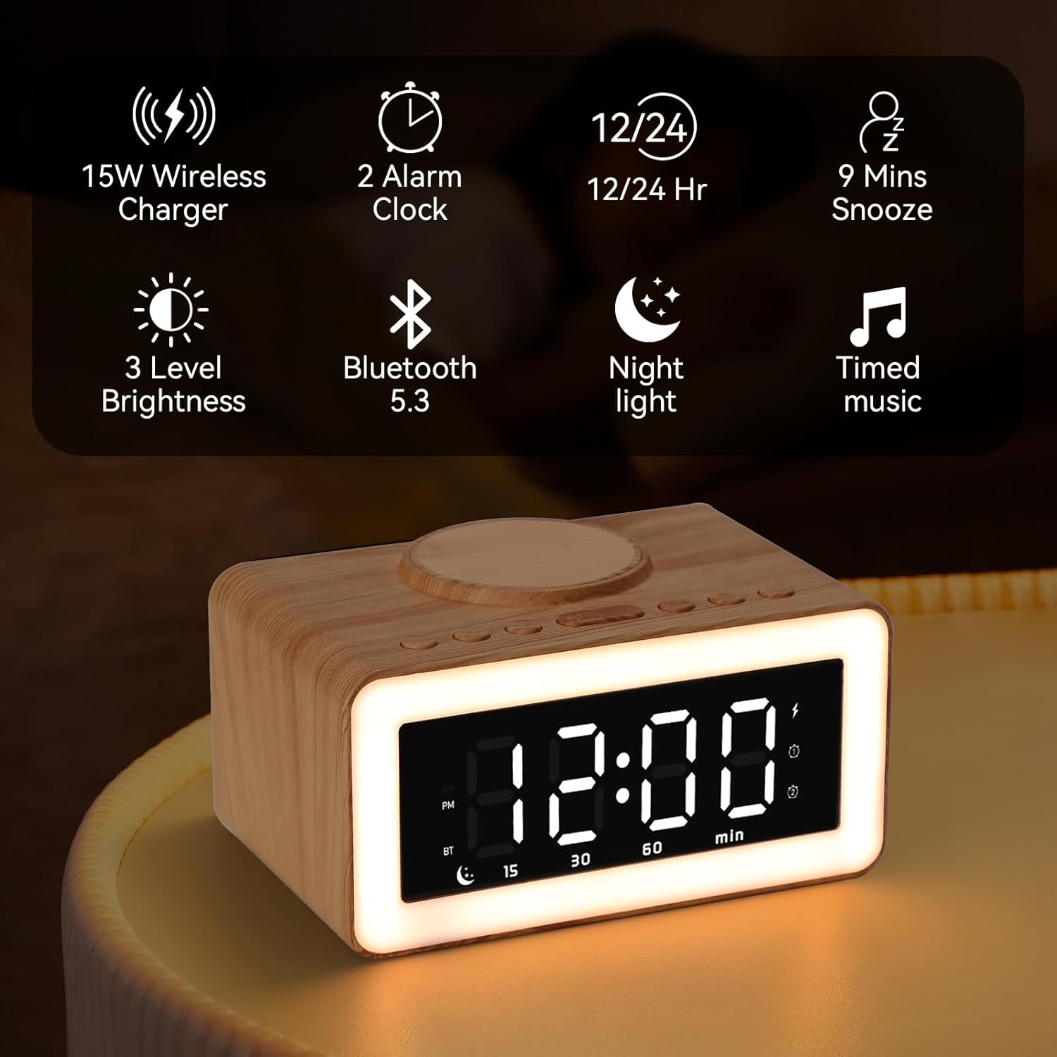 Bluetooth Alarm Clock with Wireless Charging and LED Night Light