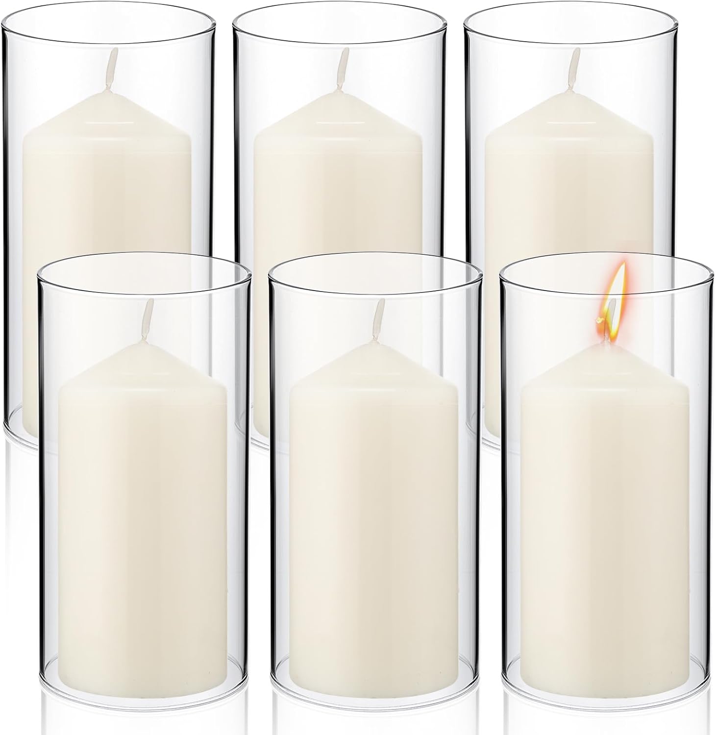 Yaomiao 6 Set Hurricane Candle Holder Sleeves with Unscented Pillar Candles