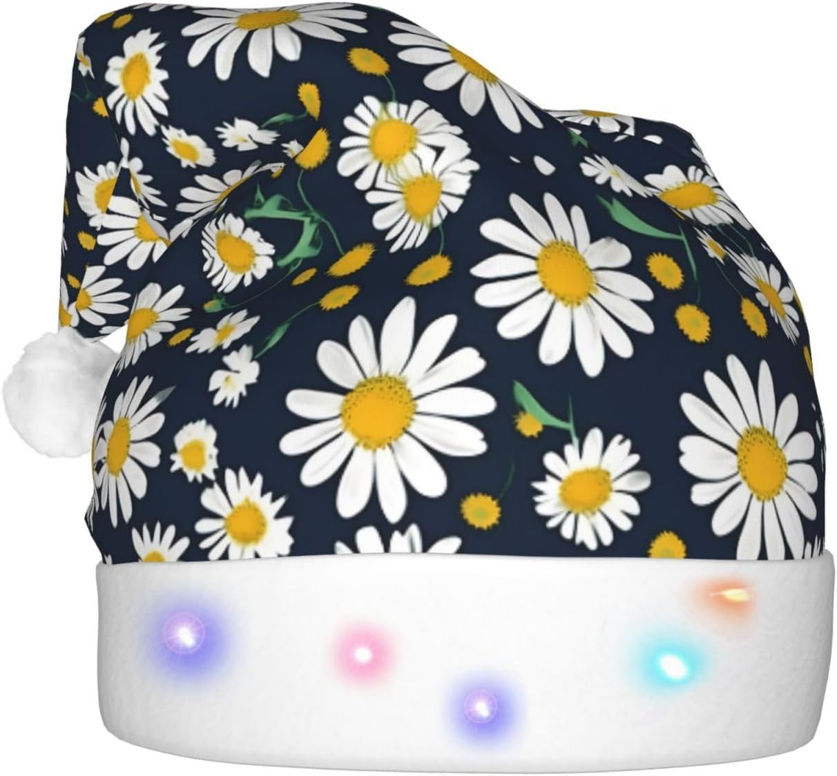 Floral Daisies Print LED Christmas Santa Hat for Adults