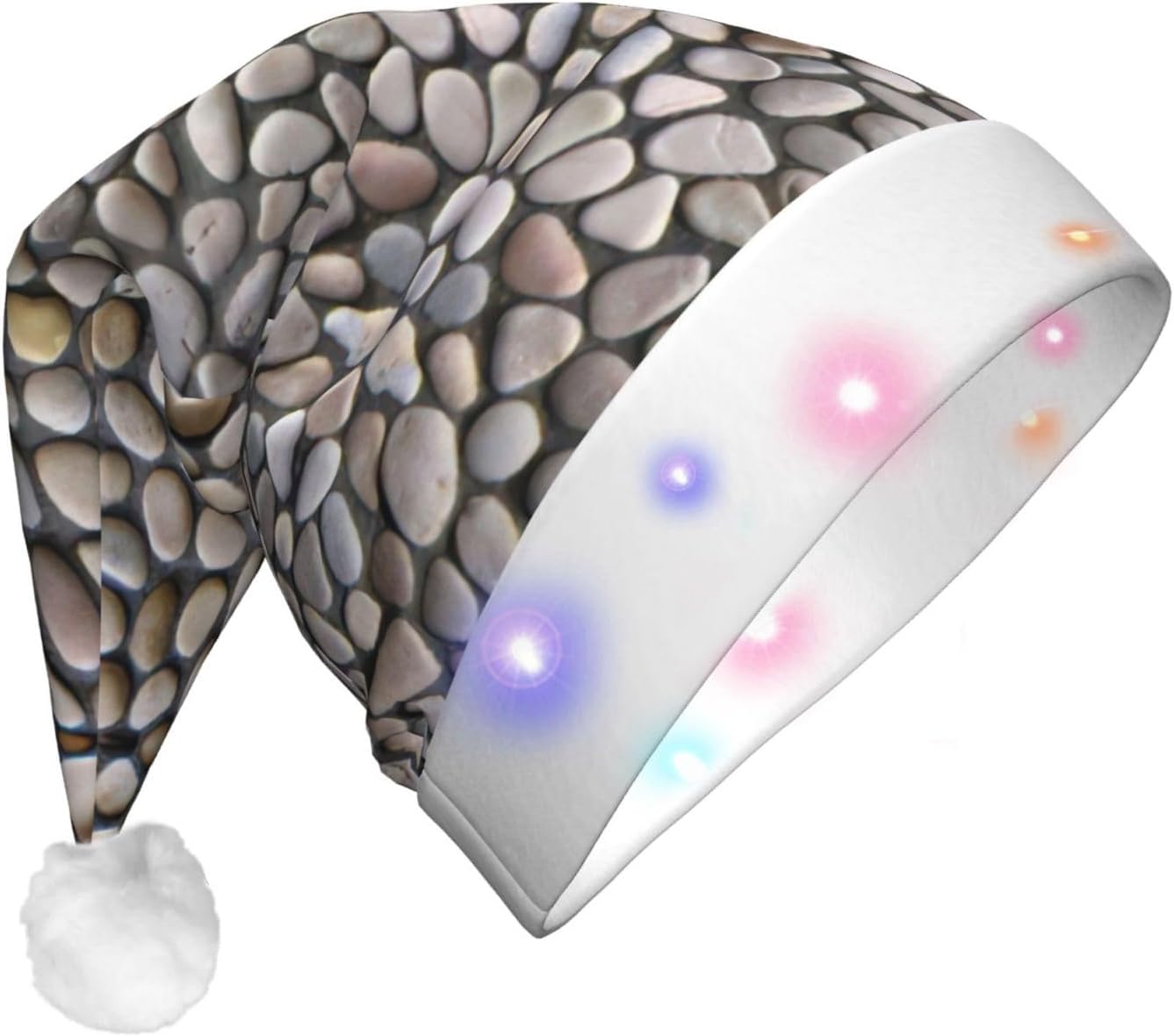 Pebble Stone Print Christmas Santa Hat Plush Light Up for Adults