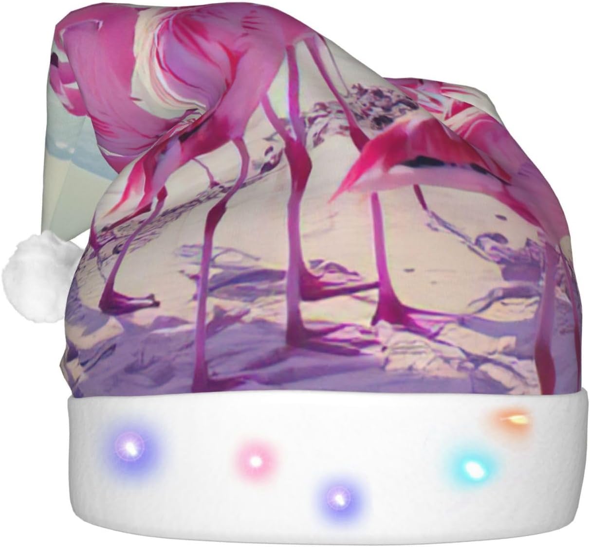 Flock of Pink Flamingos Christmas Santa Hat Plush Light Up Funny Adult Hat