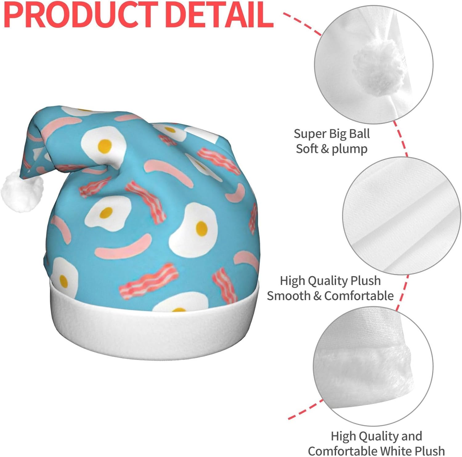 Hot Dog Egg Print Christmas Santa Hat Plush Light Up for Adults