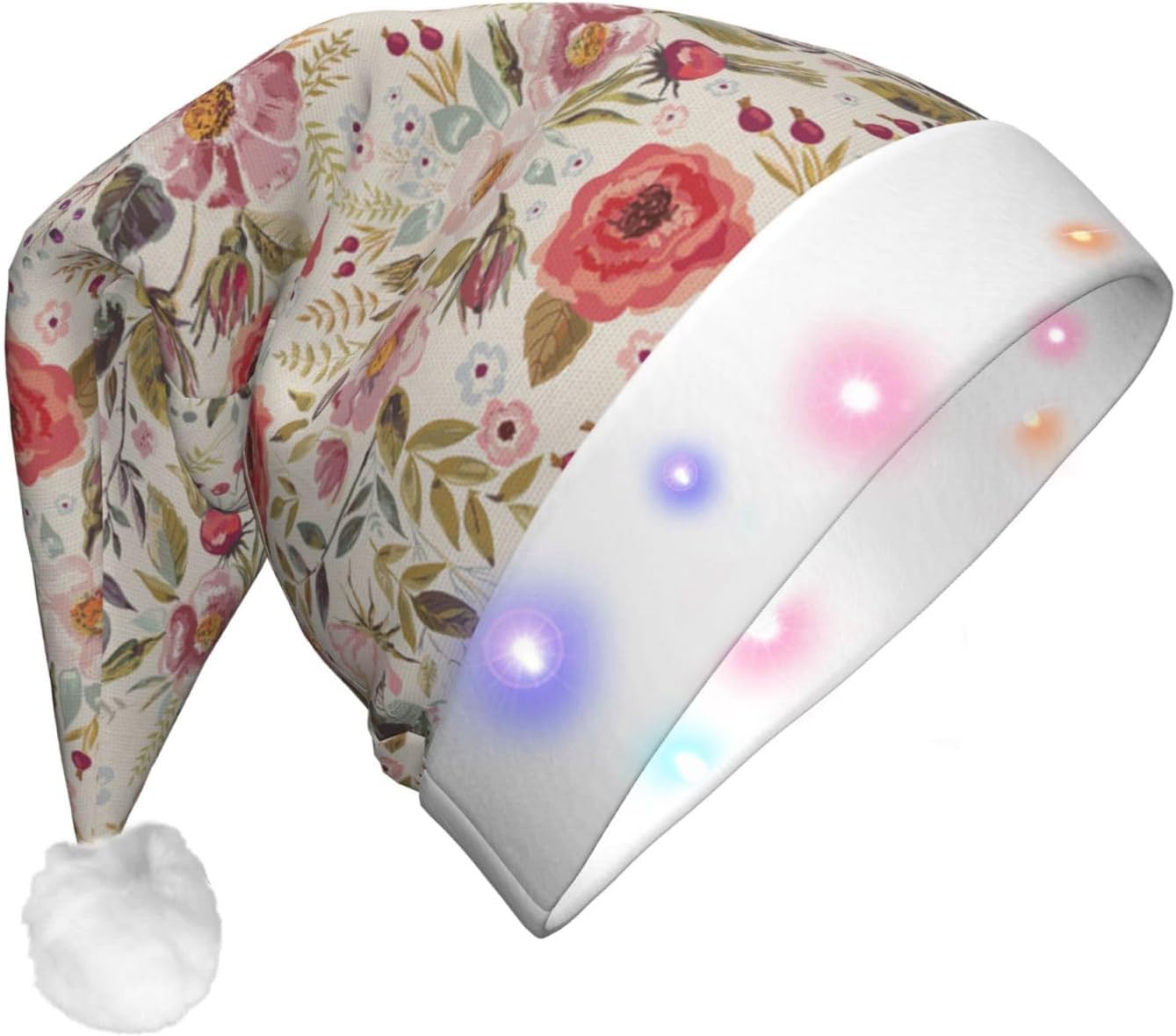 Flower Leaf Print Christmas Santa Hat Plush Light Up Funny Adult Party Hat