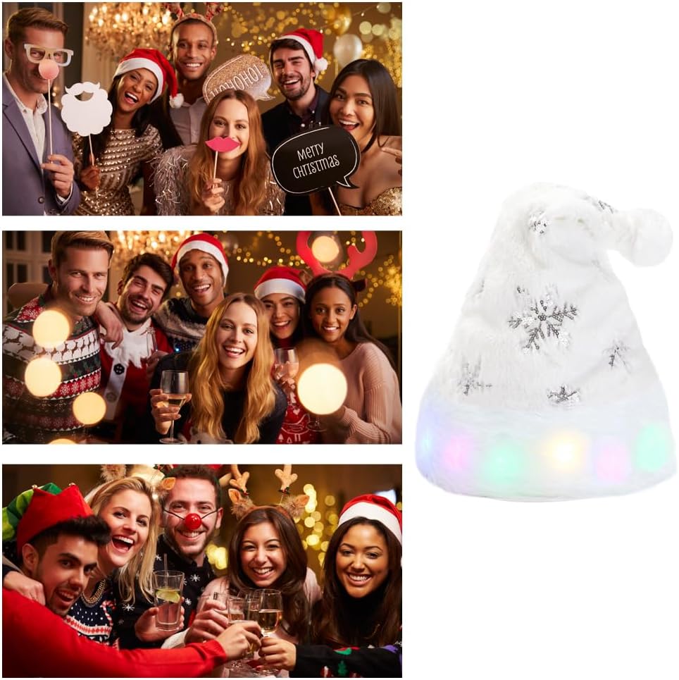 Flash Santa Hat for Adults Unisex White Plush Christmas Headwear with Snowflakes
