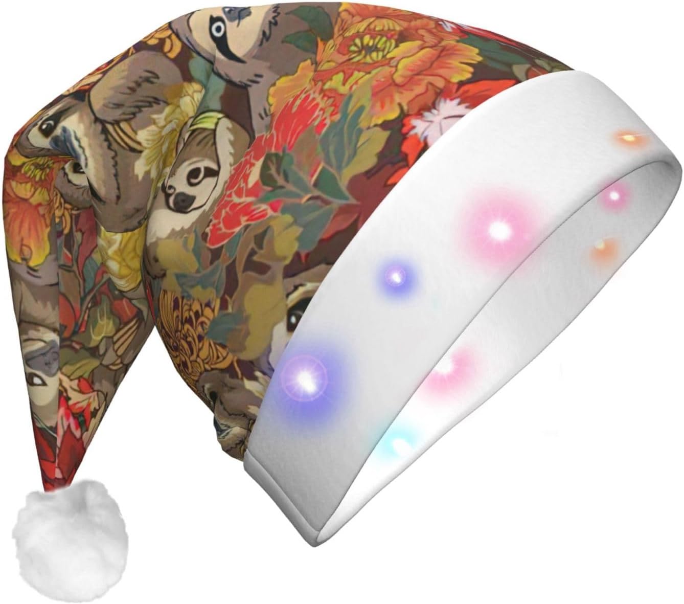 Funny Sloths Print LED Christmas Santa Hat Plush for Adults