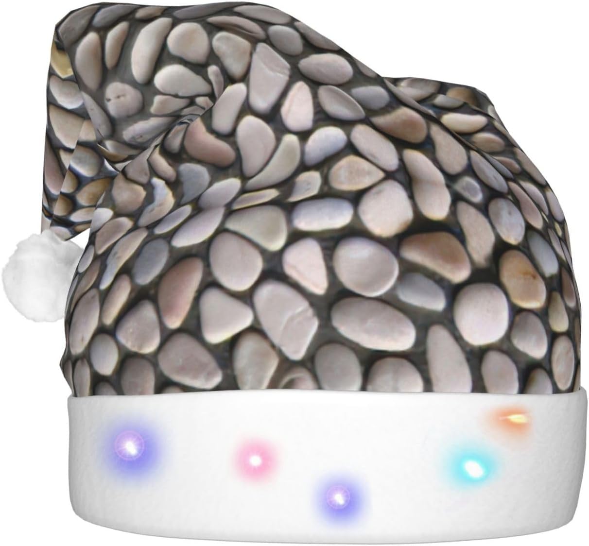 Pebble Stone Print Christmas Santa Hat Plush Light Up for Adults