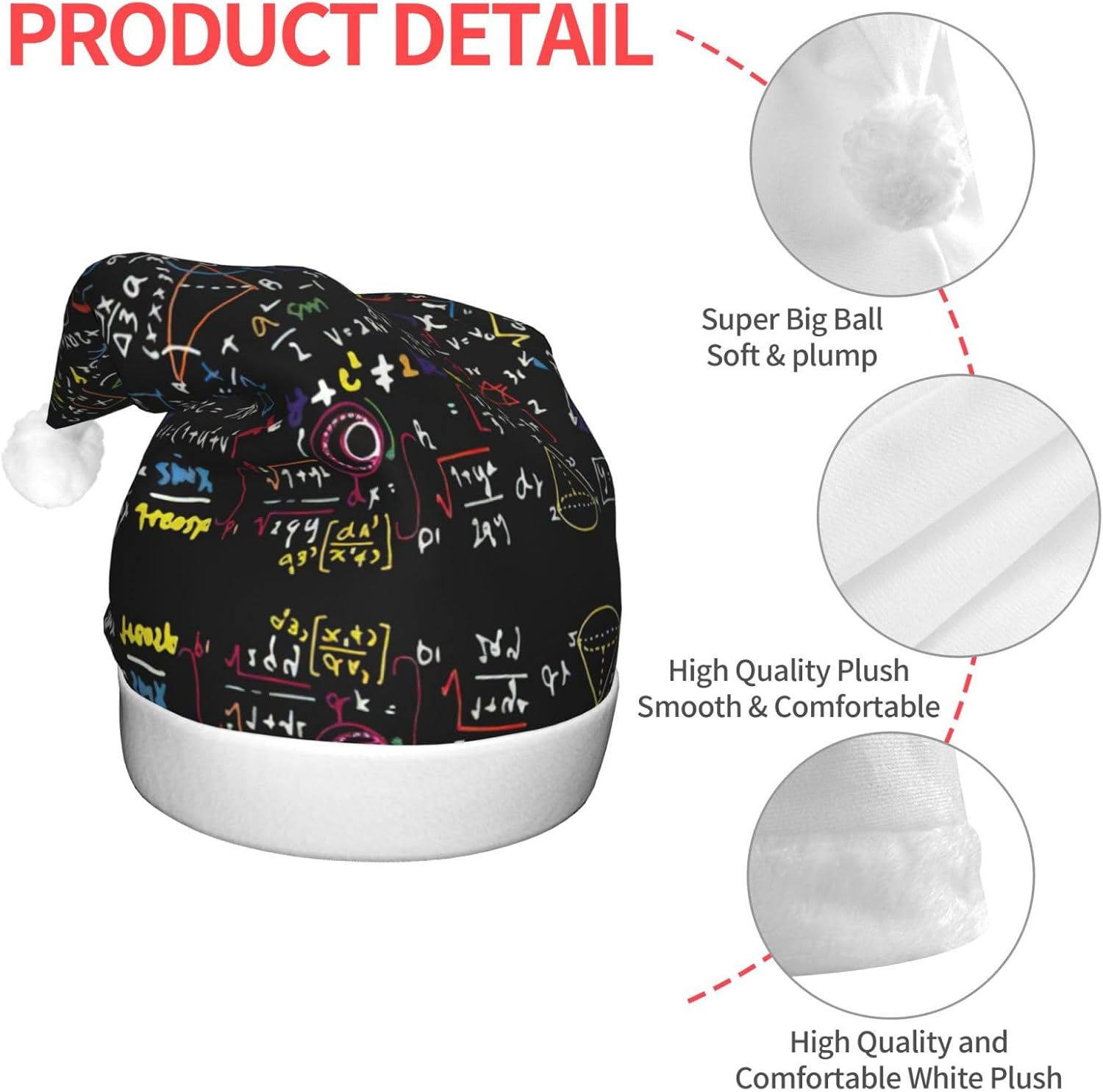 Math Formula Print LED Christmas Santa Hat Plush for Adults